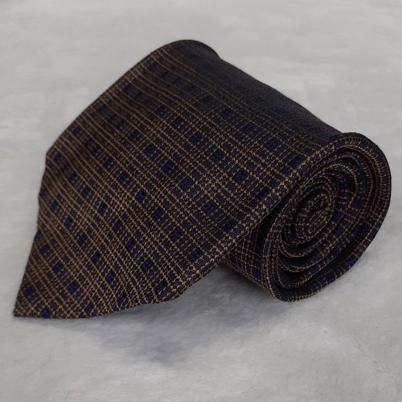 Guess Men's Tie Geometric Tattersall Silk Gold - Picture 2 of 6